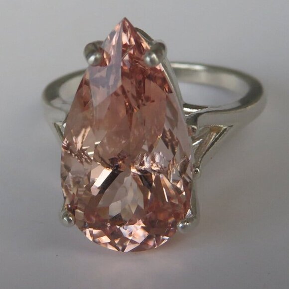 Rare Large Natural Salmon Pear Morganite Cocktail Ring In Sterling Silver 7.70ct